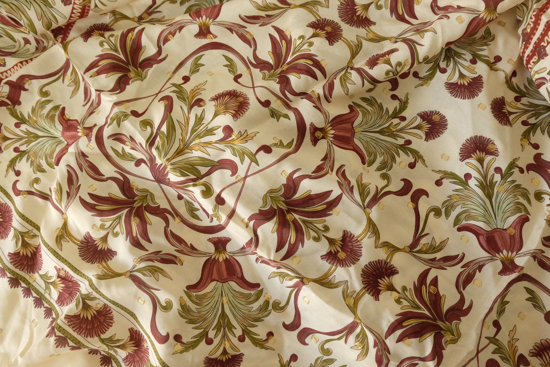 Burgundy Botanical Gold-Dot Rayon Challis – 2.6 yd