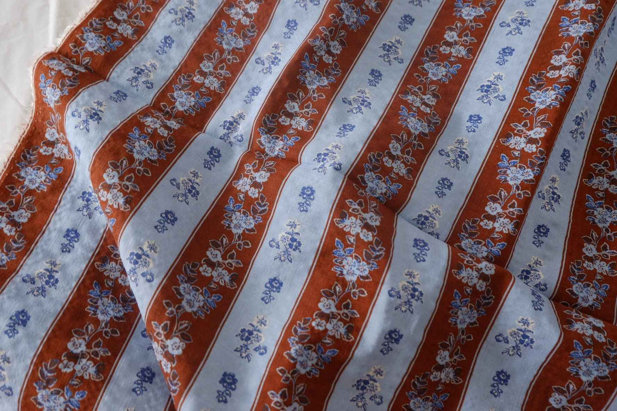 Rust & Blue Floral Slub Cotton — 2.19 yd