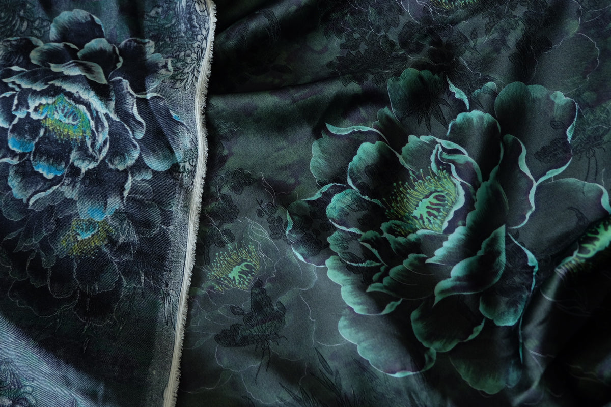 Midnight Emerald Floral Viscose Jacquard Satin-2.2 yards