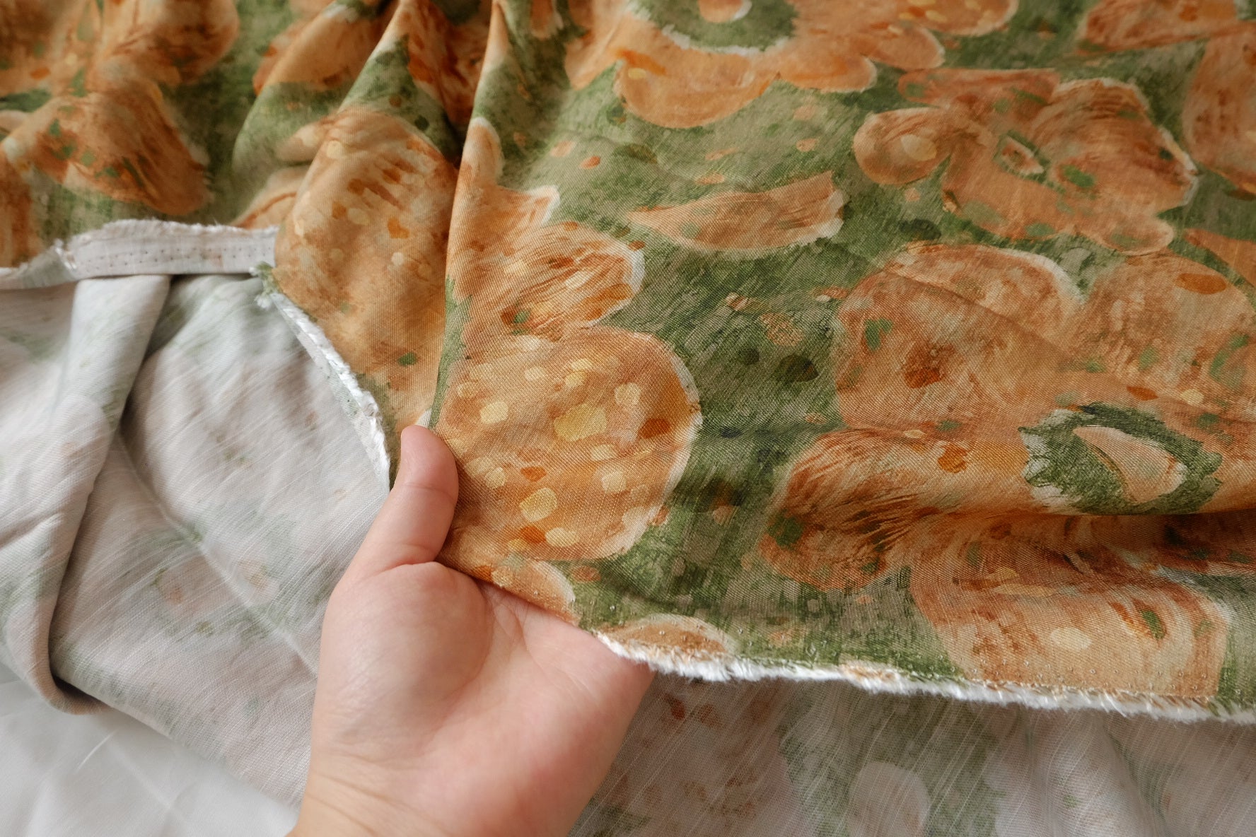 Watercolor Apricot Floral Lyocell Linen Fabric - 1.64 yd