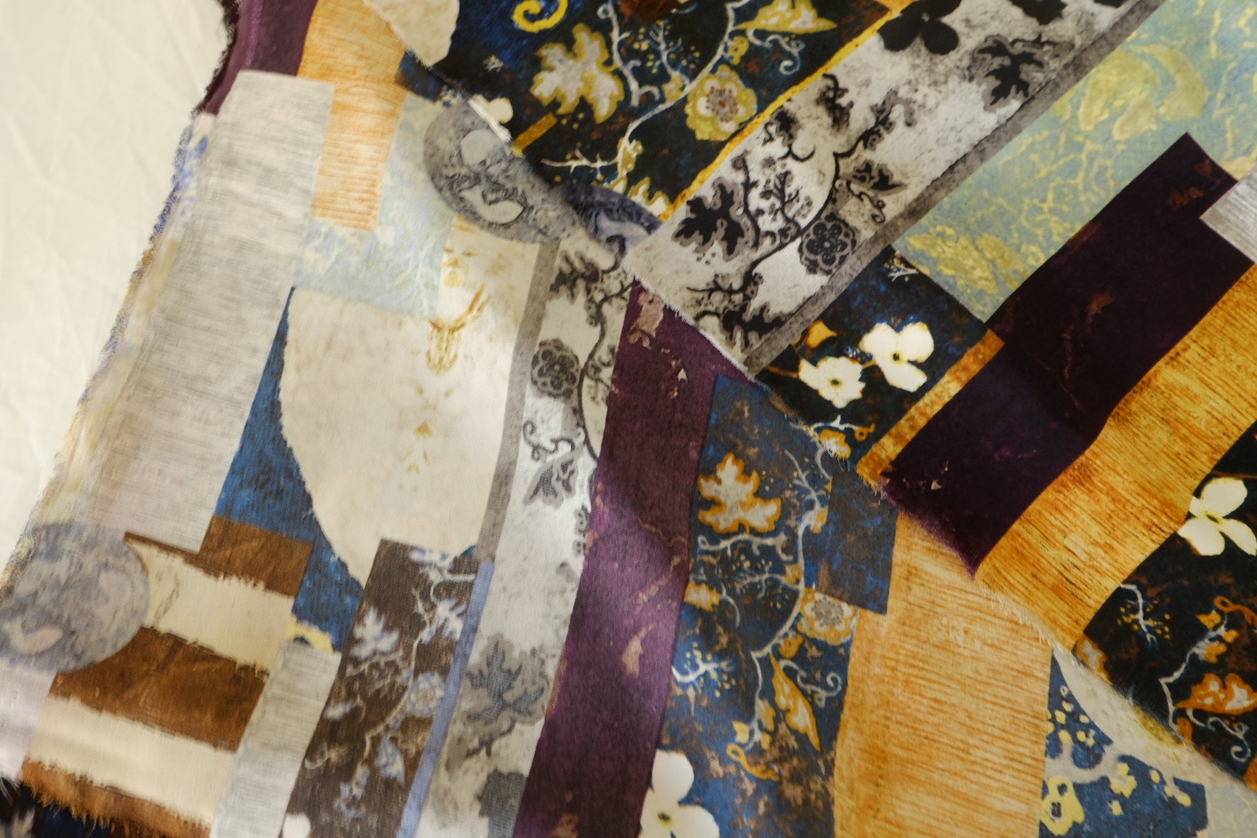 Silk-Like Rayon Satin Fabric – Artistic Patchwork Print 3 Yards