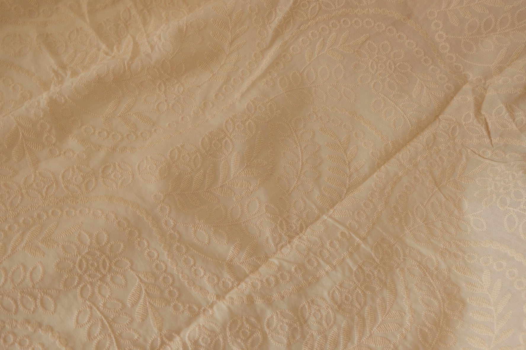 Cream Textured Embroidered Cotton Fabric – Structured Floral Paisley – 2.2 yd