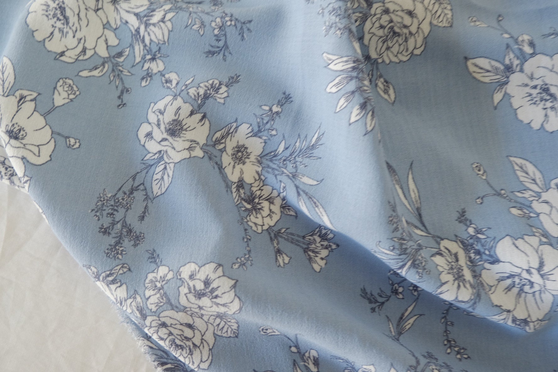 Blue Sketch Floral Viscose Rayon Fabric – 3.3 yd