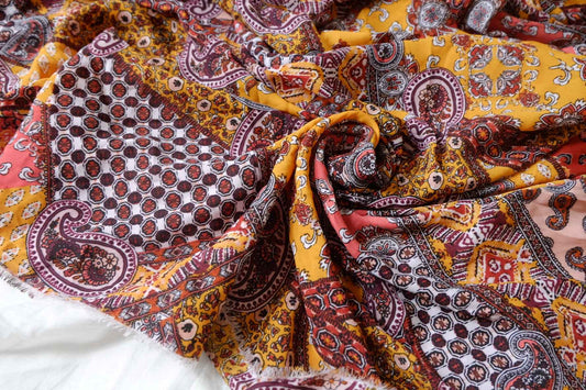 Bohemian Patchwork Chiffon Fabric, Airy Opaque Summer Dress Weight, 2.19 Yards