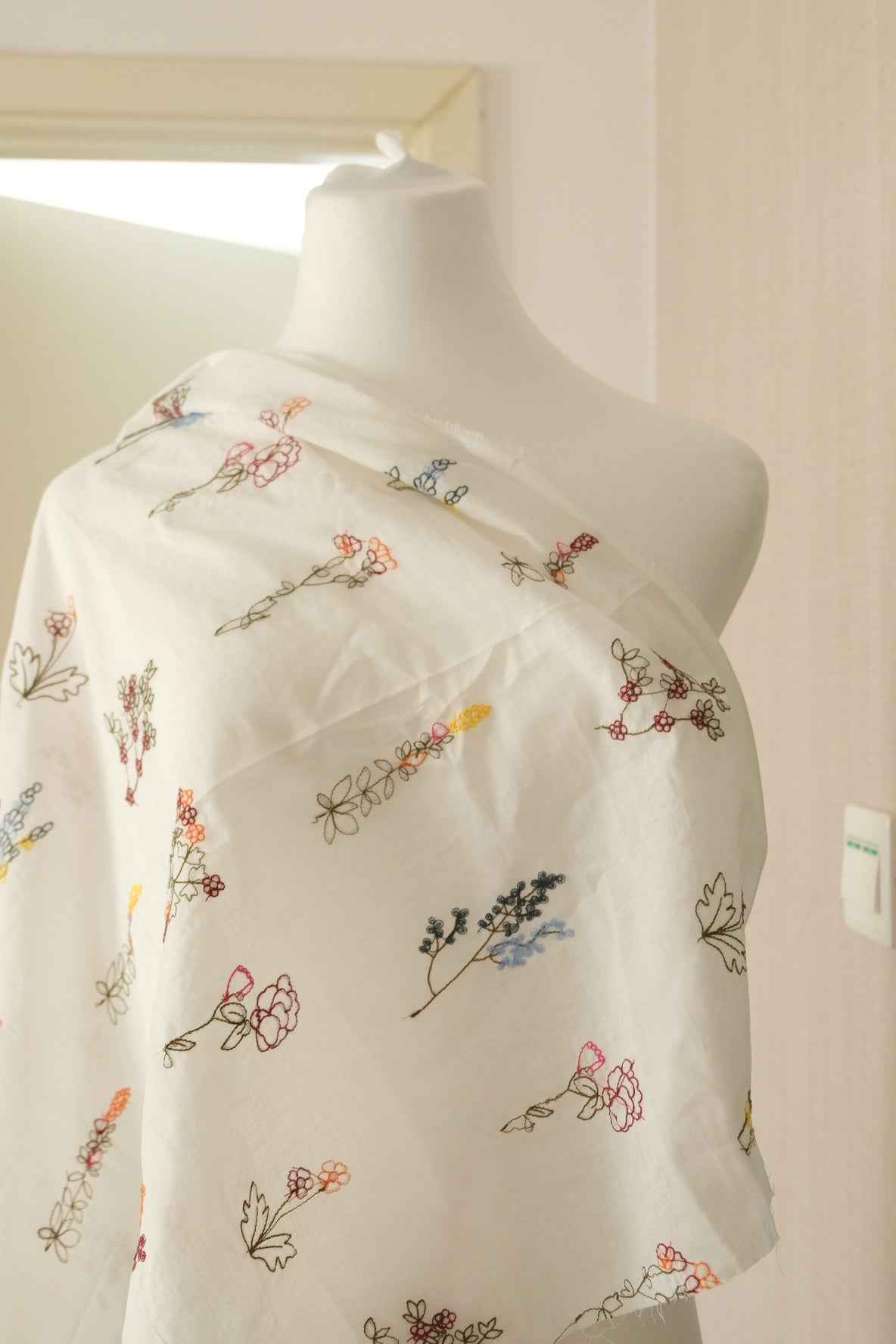 Delicate Floral Embroidered Cotton Fabric, Soft Lightweight Blouse Weight, 2.19 Yards
