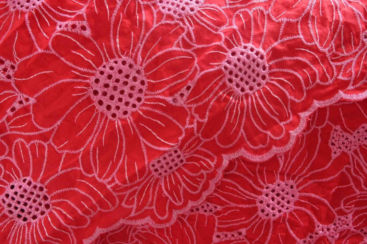 Red Floral Double-Border Embroidered Cotton — 1.75 yd