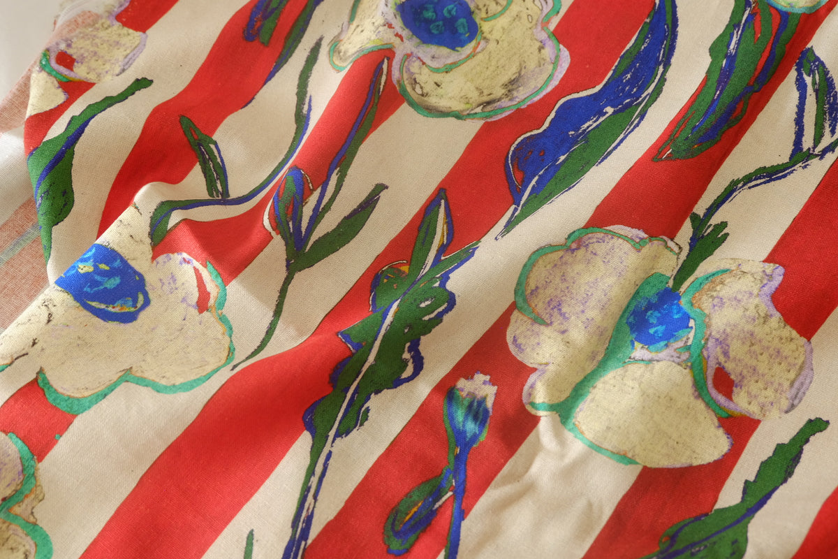 Red Stripe Painterly Floral Linen Cotton – 2.2 yd / 1.6 yd
