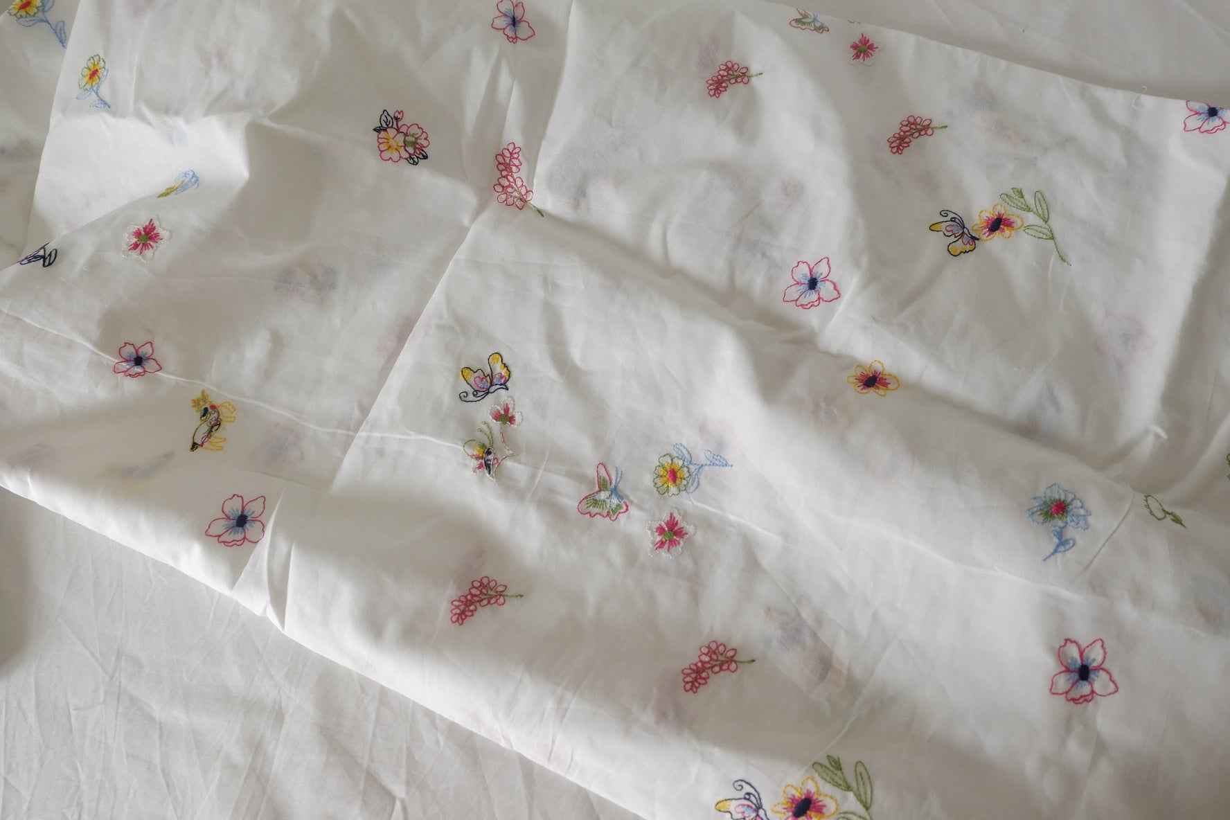 White Floral & Butterfly Embroidered Cotton Fabric – 1.9 yd