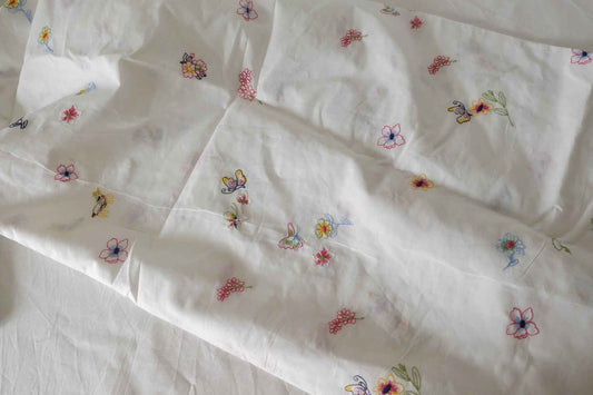 White Floral & Butterfly Embroidered Cotton Fabric – 1.9 yd