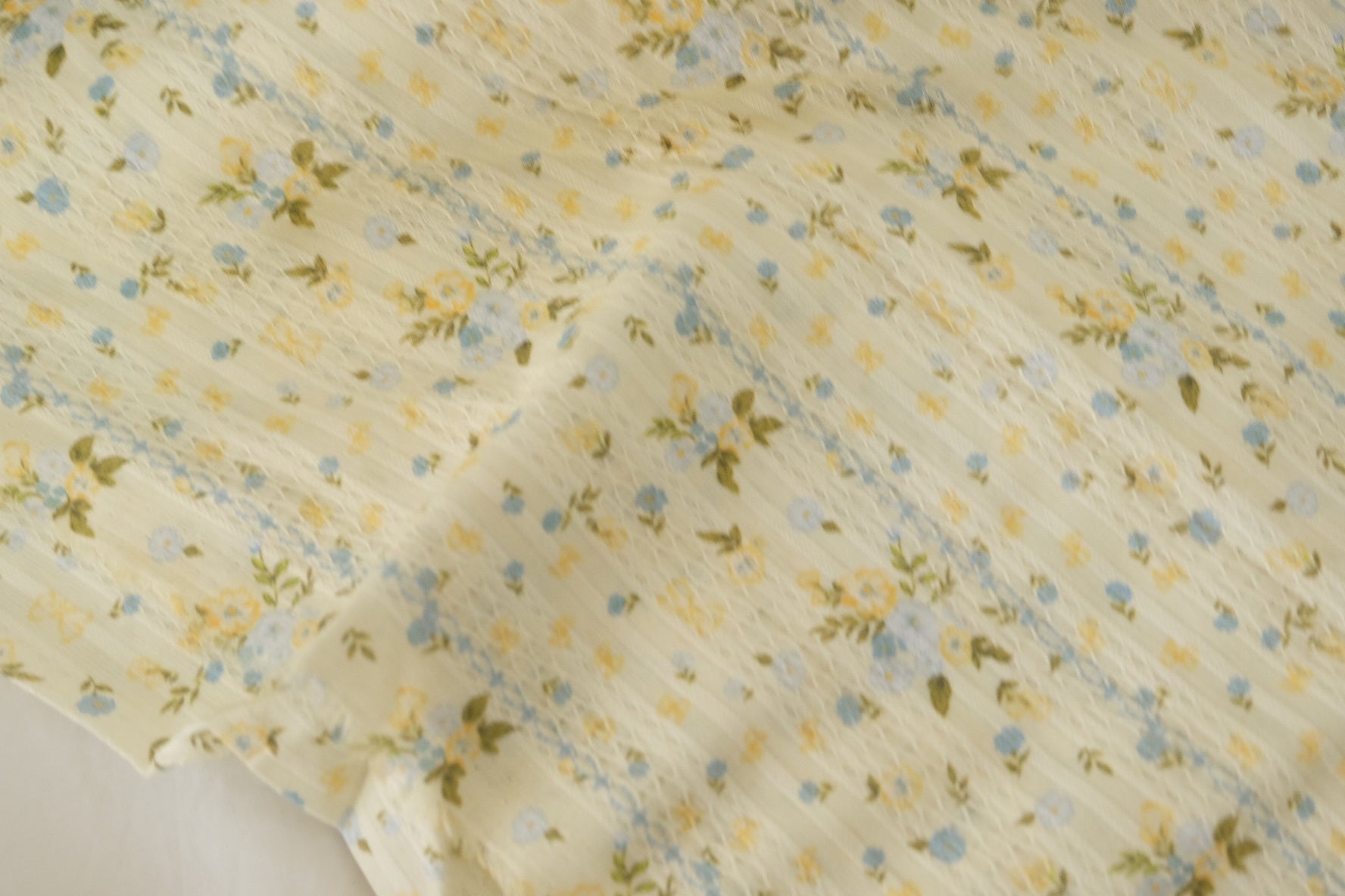 Cotton Jacquard Fabric – Delicate Blue & Yellow Floral Texture – 1.6 yd