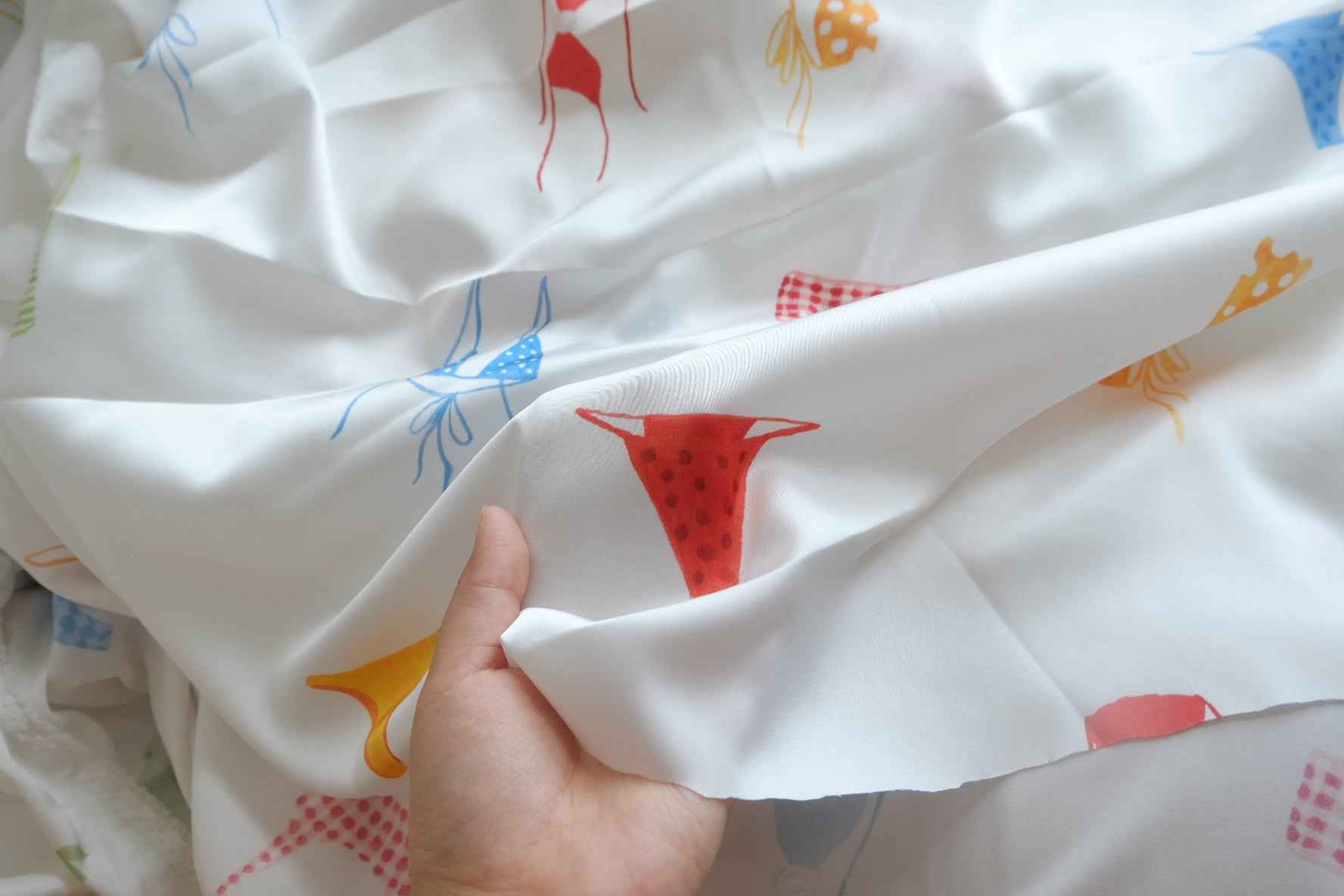 Poolside Bikini Print Satin Fabric - by Meter