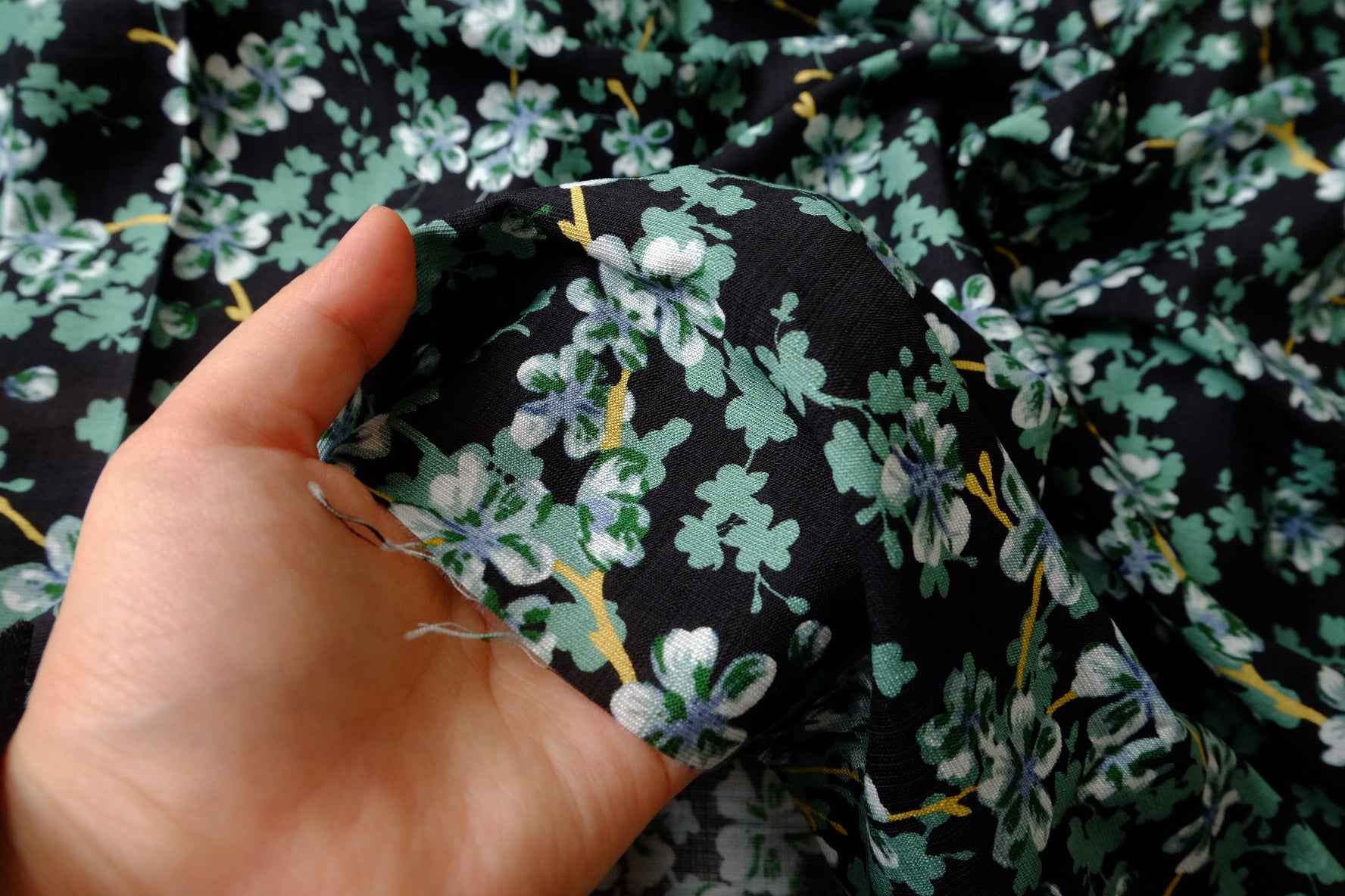 Heavy Tencel Linen Floral Fabric, Black with Green Ditsy Print, 1.64 Yards