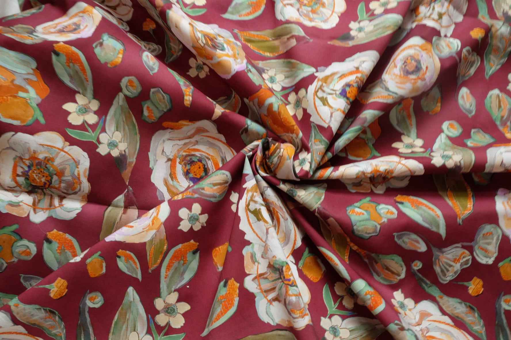 Burgundy Floral Cotton Poplin Fabric, Crisp Dress Weight, 3.28 Yards