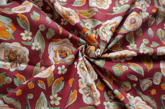 Burgundy Floral Cotton Poplin Fabric, Crisp Dress Weight, 3.28 Yards