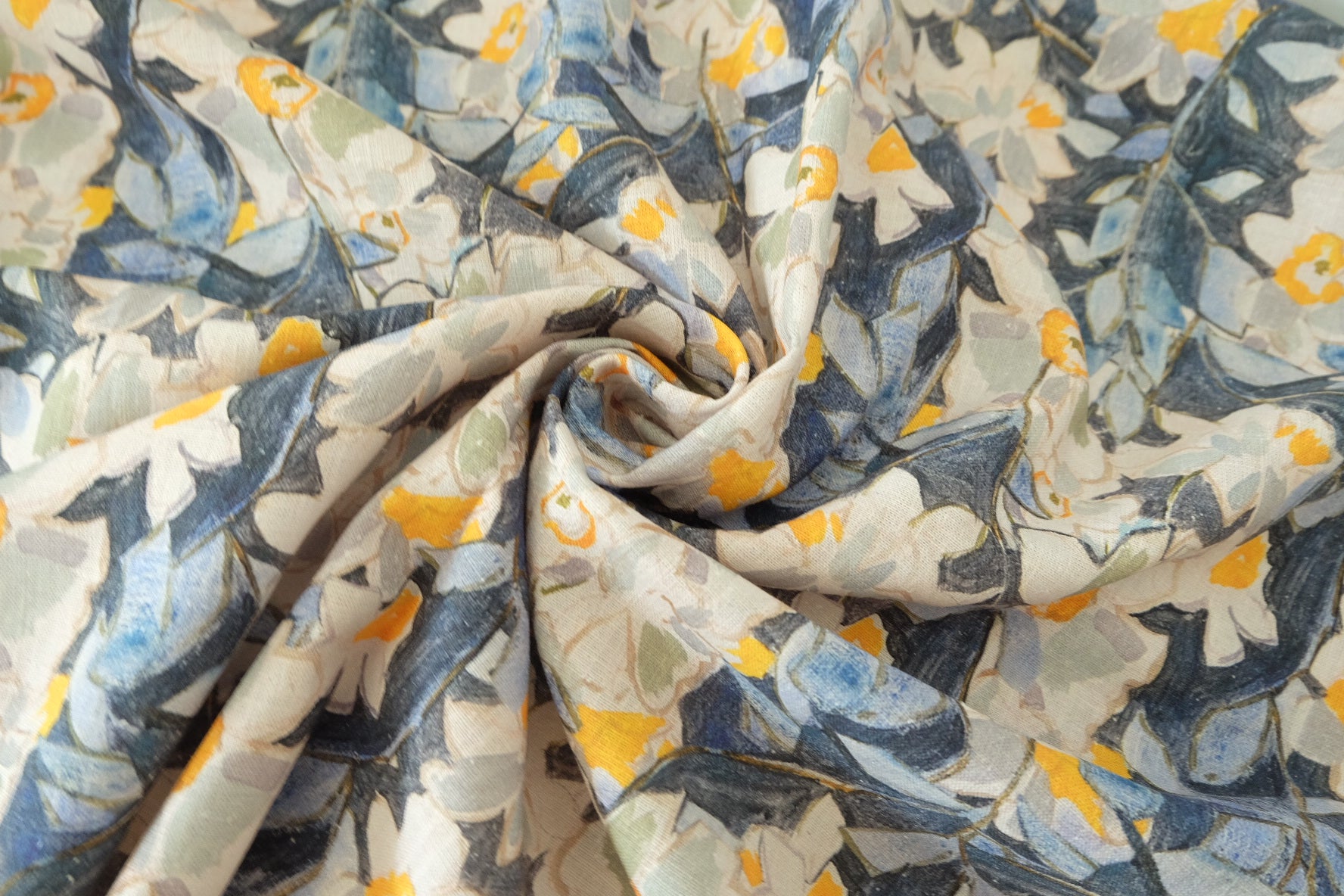 Watercolor Floral Pure Linen Fabric – Blue & Cream Botanical Print – 2.19 yd