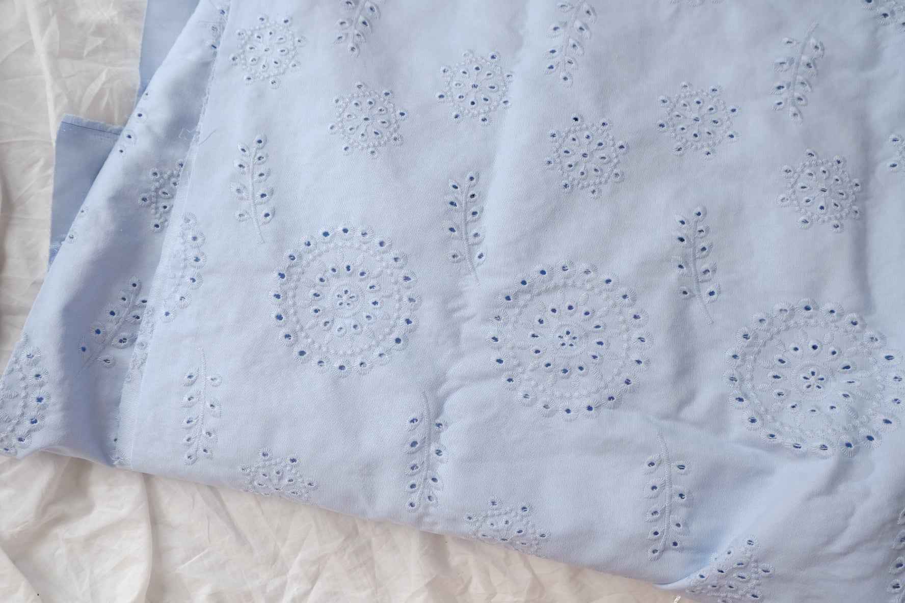 Powder Blue Embroidered Cotton Denim Fabric, Midweight for Trousers, 1.64 Yards
