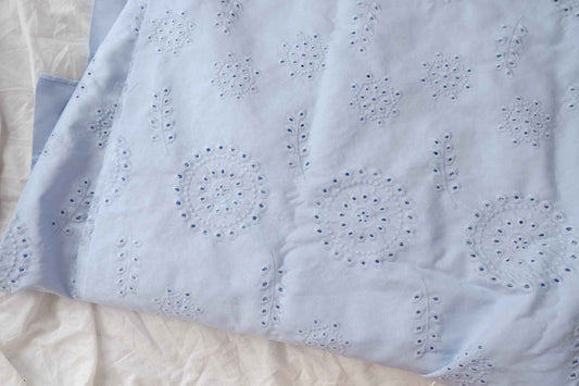 Powder Blue Embroidered Cotton Denim Fabric, Midweight for Trousers, 1.64 Yards