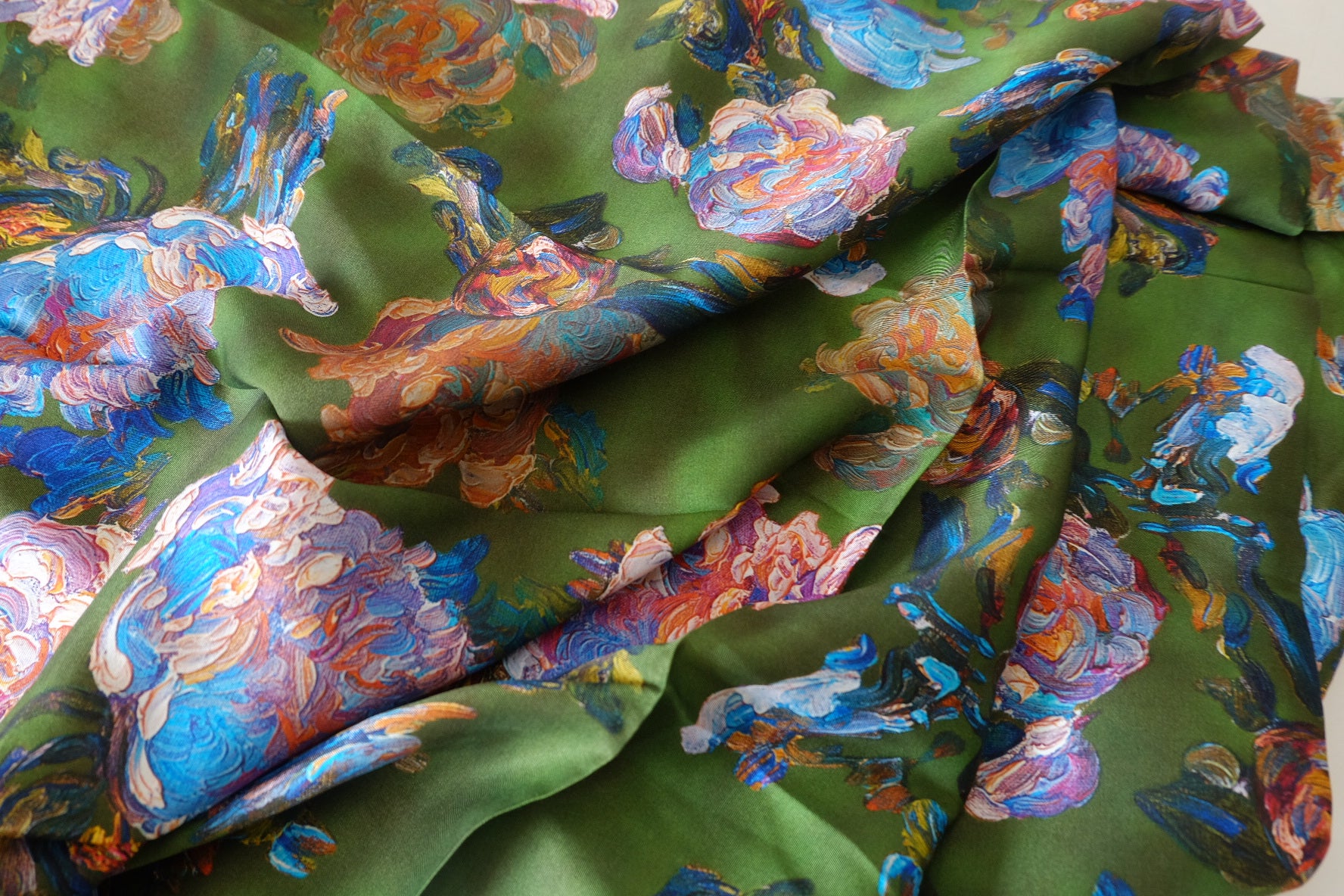 Artistic Watercolor Floral Rayon Fabric – Deep Green – 3.3 yd