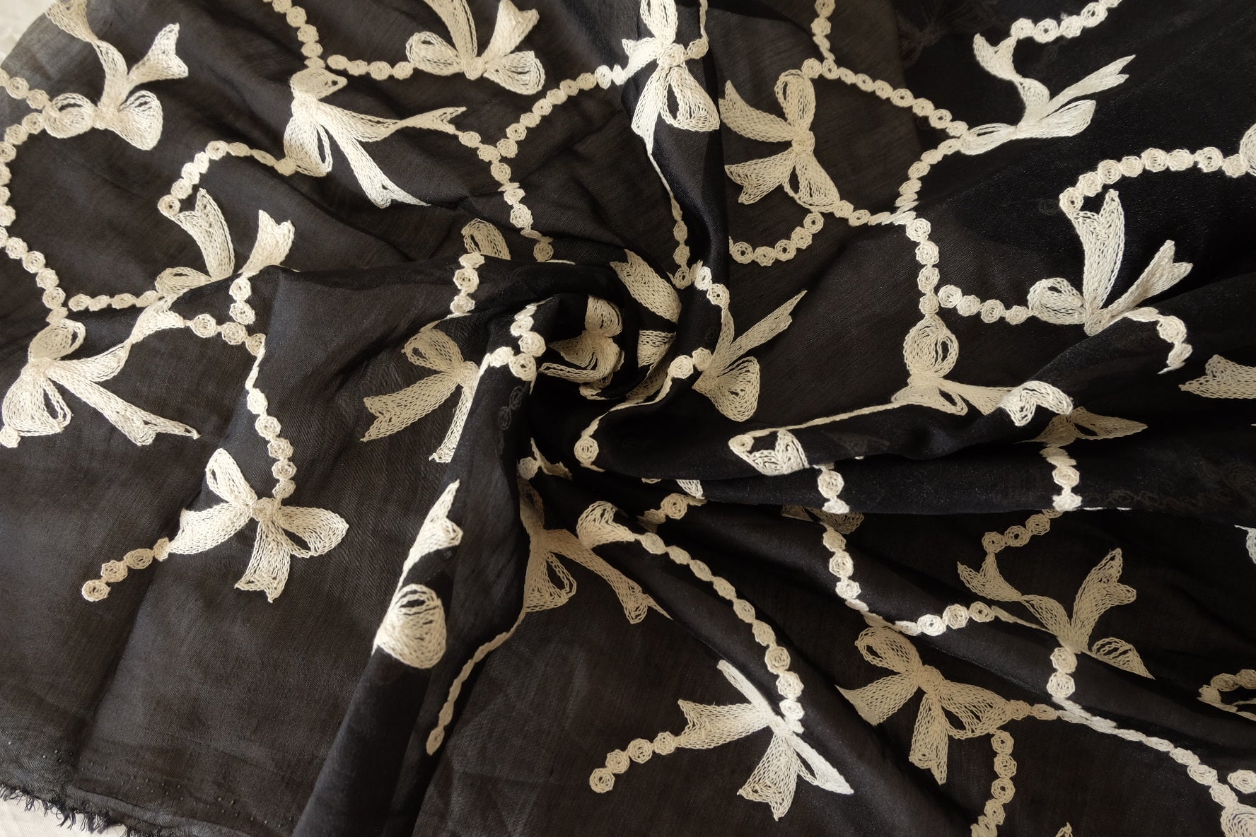 Black Bow Embroidered Mesh Fabric - 1.5 yd