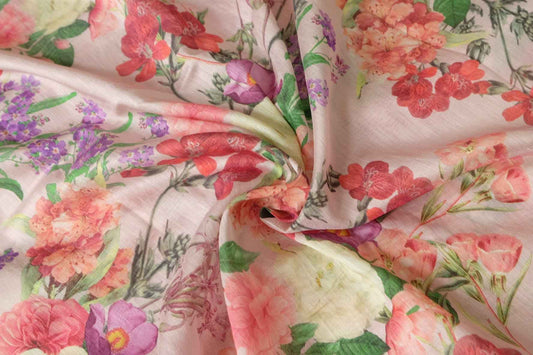Pink Painterly Floral Tencel Linen Fabric, Lightweight Airy Dress Weight, 3.3 Yards