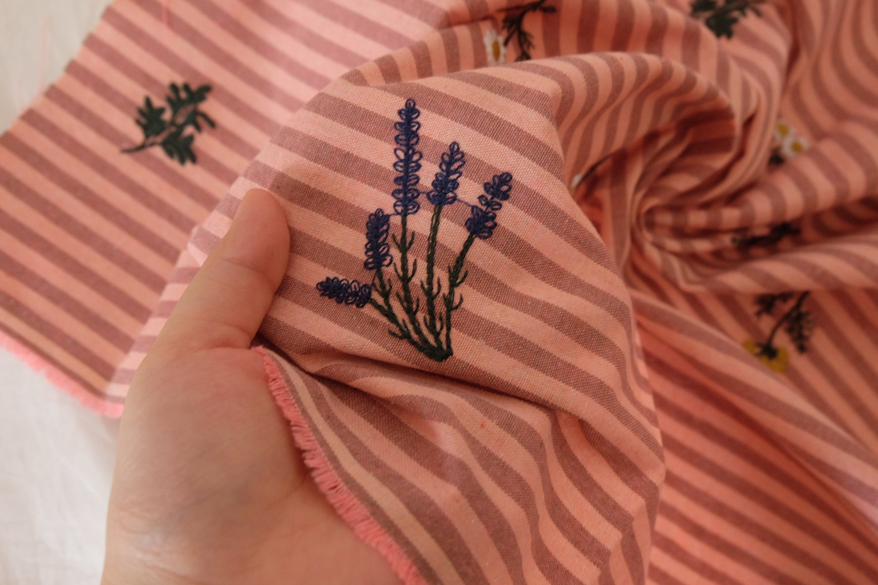 Embroidered Linen Cotton Stripe Fabric – Pink Woven Texture – 1.4 yd