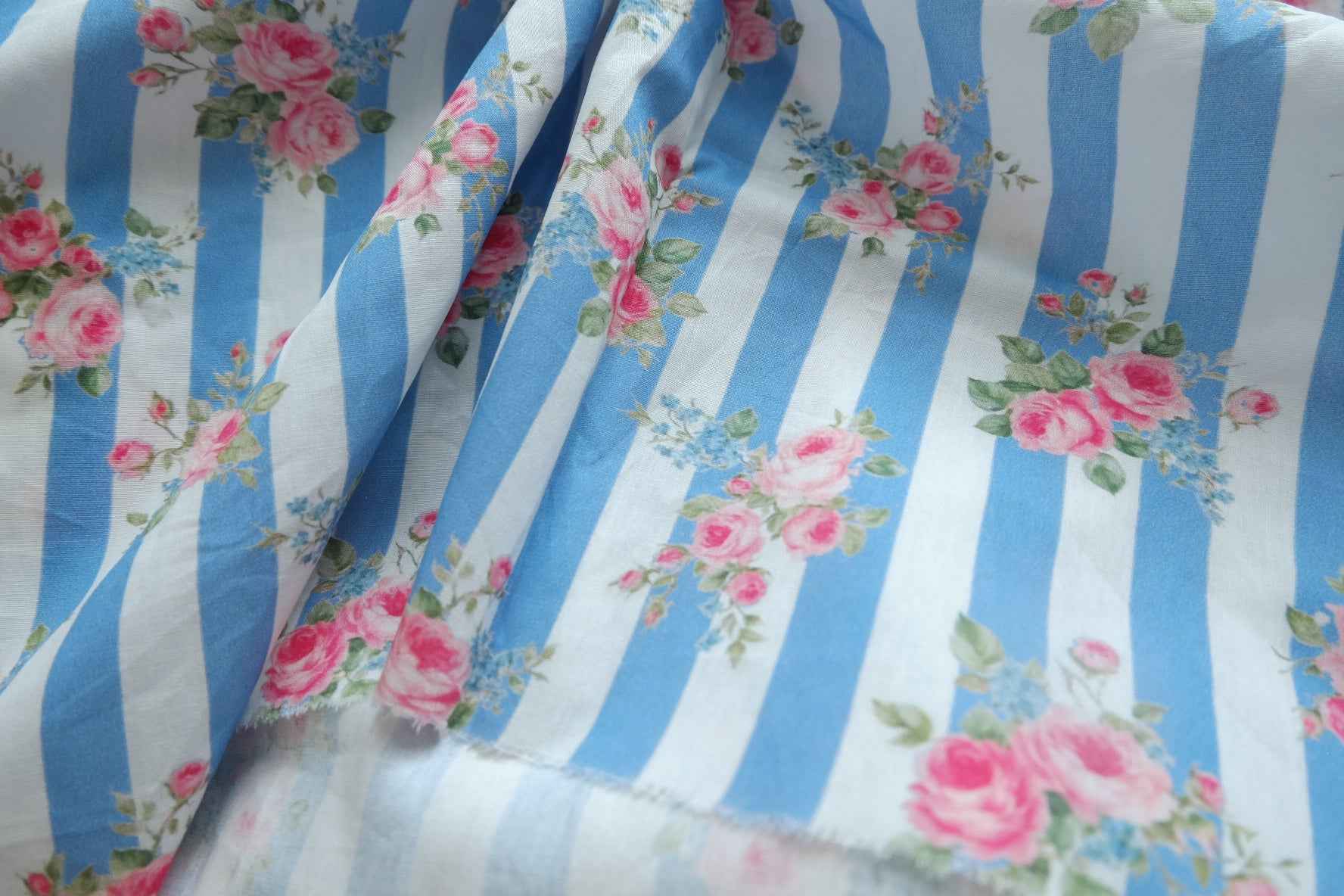 Blue Stripe Rose Cotton Poplin Fabric - 1.31 yd / 1.42 yd