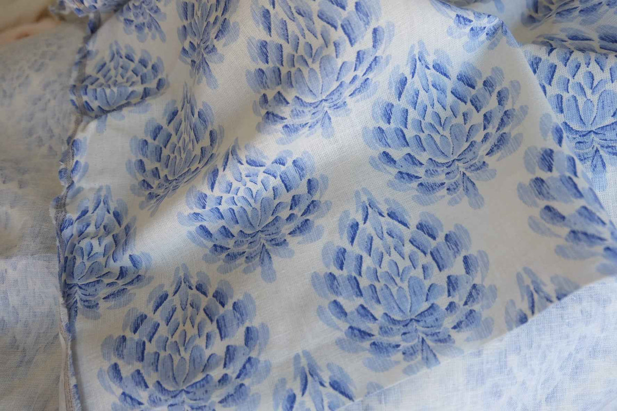 Blue Whimsy Floral Linen Cotton Fabric – 2.19 yd