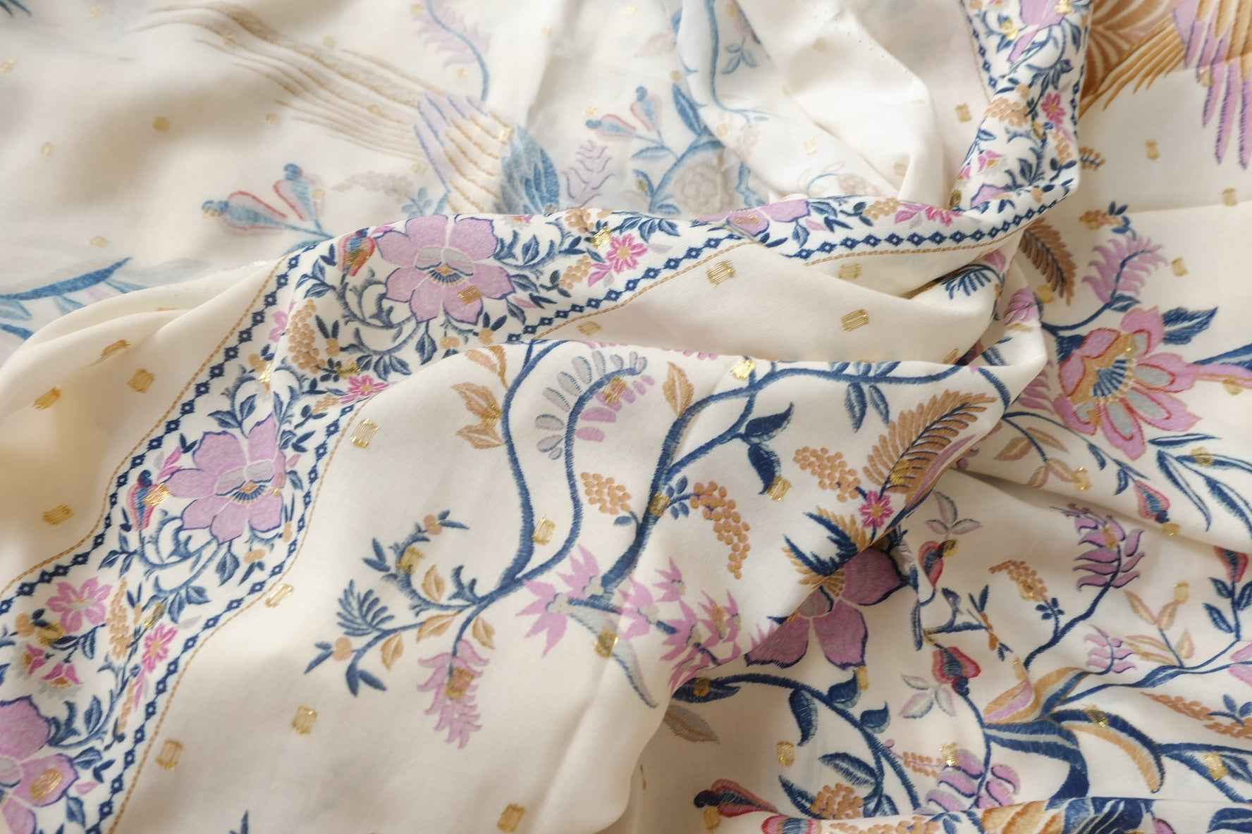 Metallic-Dotted Rayon Floral Bird Panel Fabric - 1.75 yd