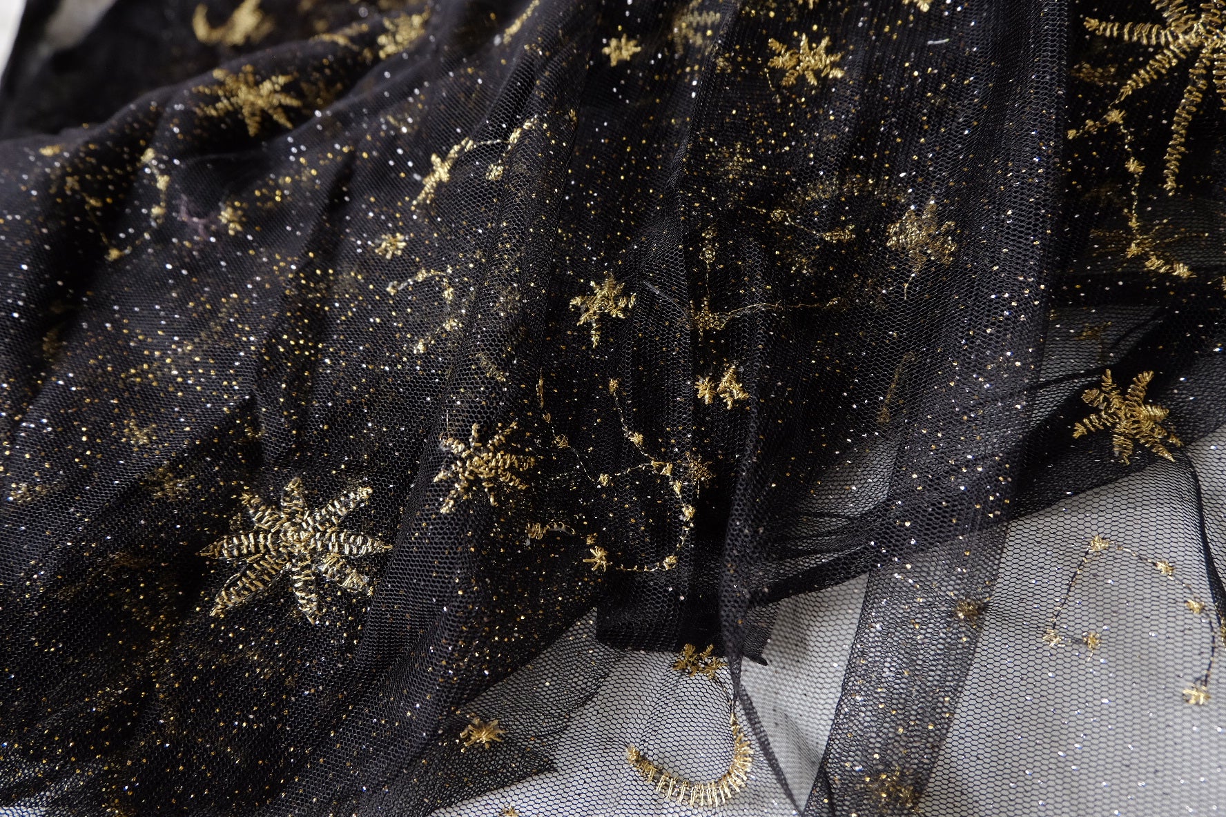Black Celestial Glitter Lace Tulle Fabric - 4.37 yd