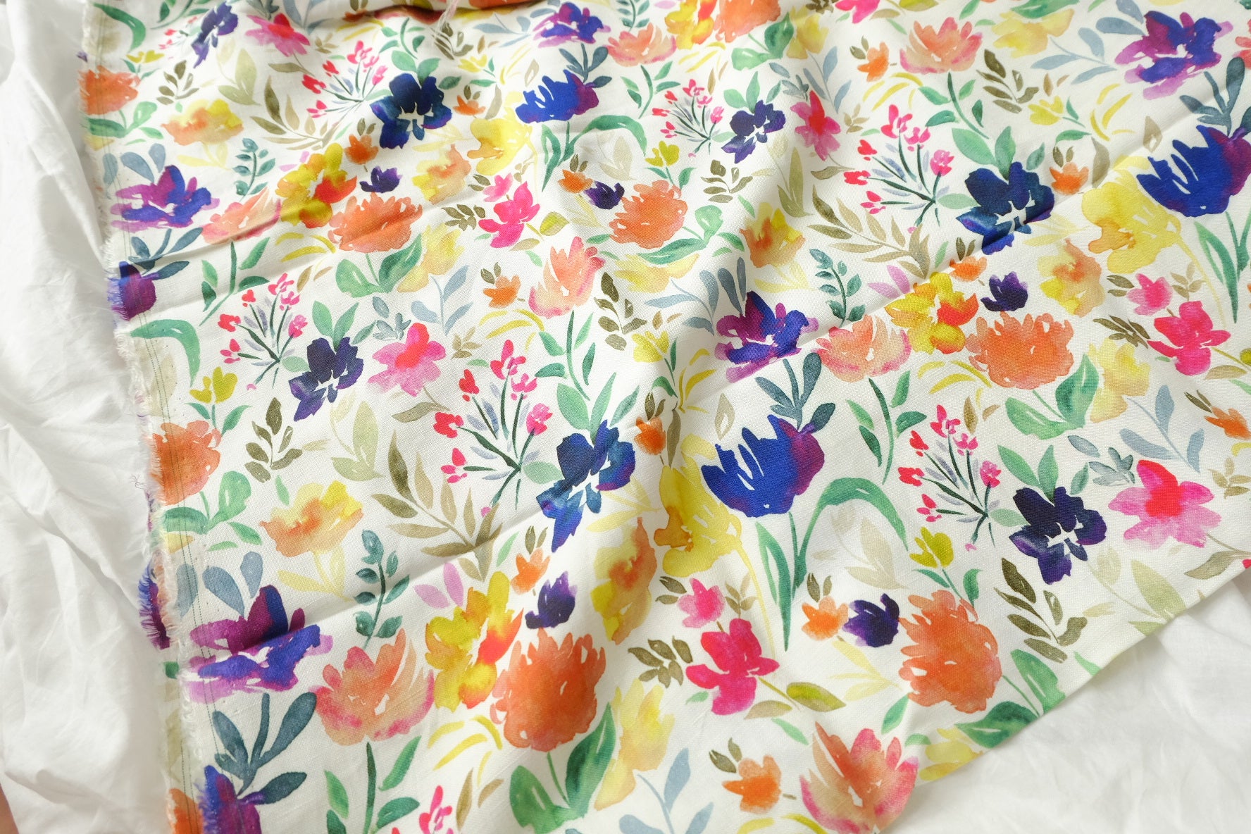 Watercolor Floral Linen Cotton Fabric, Midweight Spring Botanical, 2.19 Yards