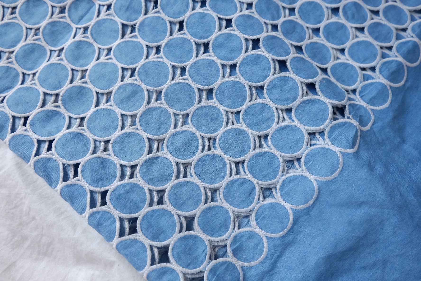 Blue Circle Eyelet Embroidered Denim Fabric - 1.75 yd