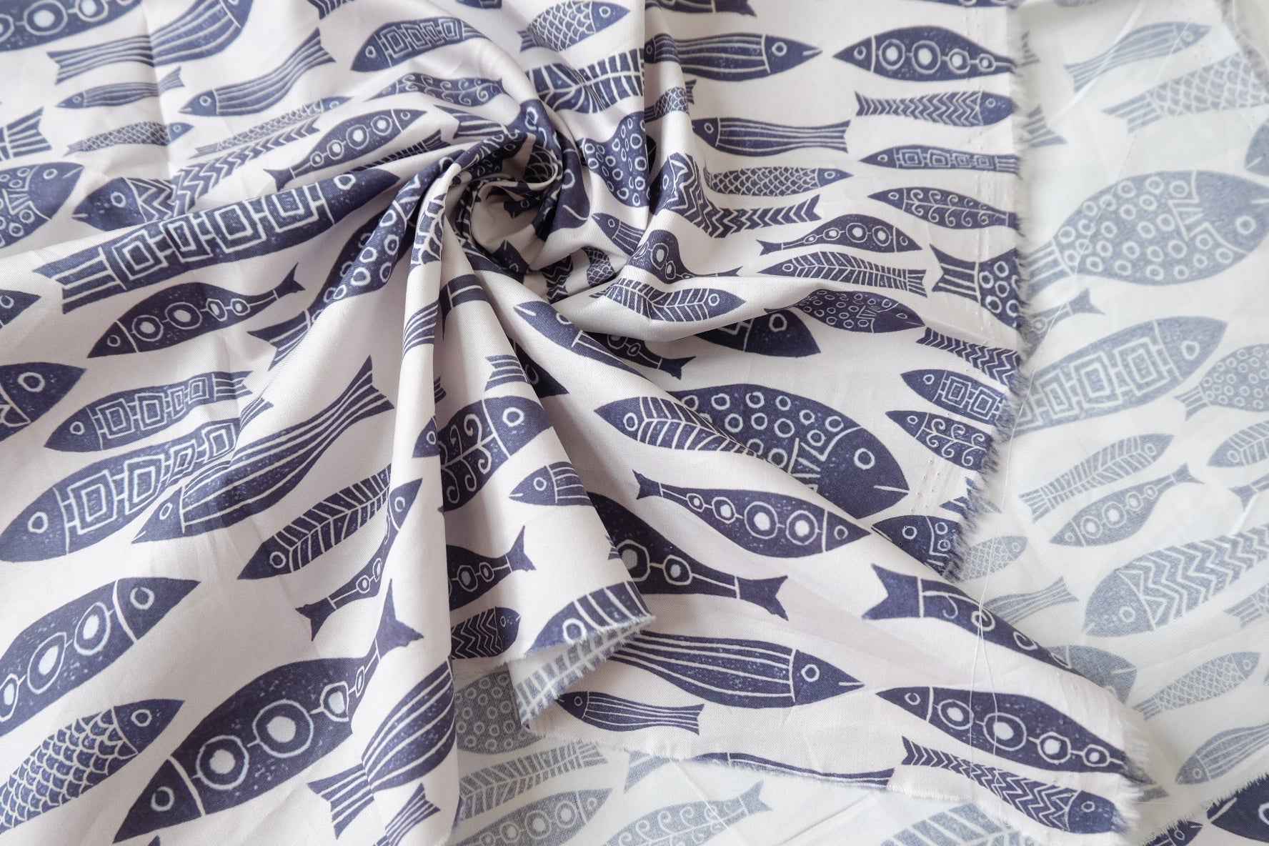 Navy Fish Print Dense Cotton Twill — 2.19 yd Piece