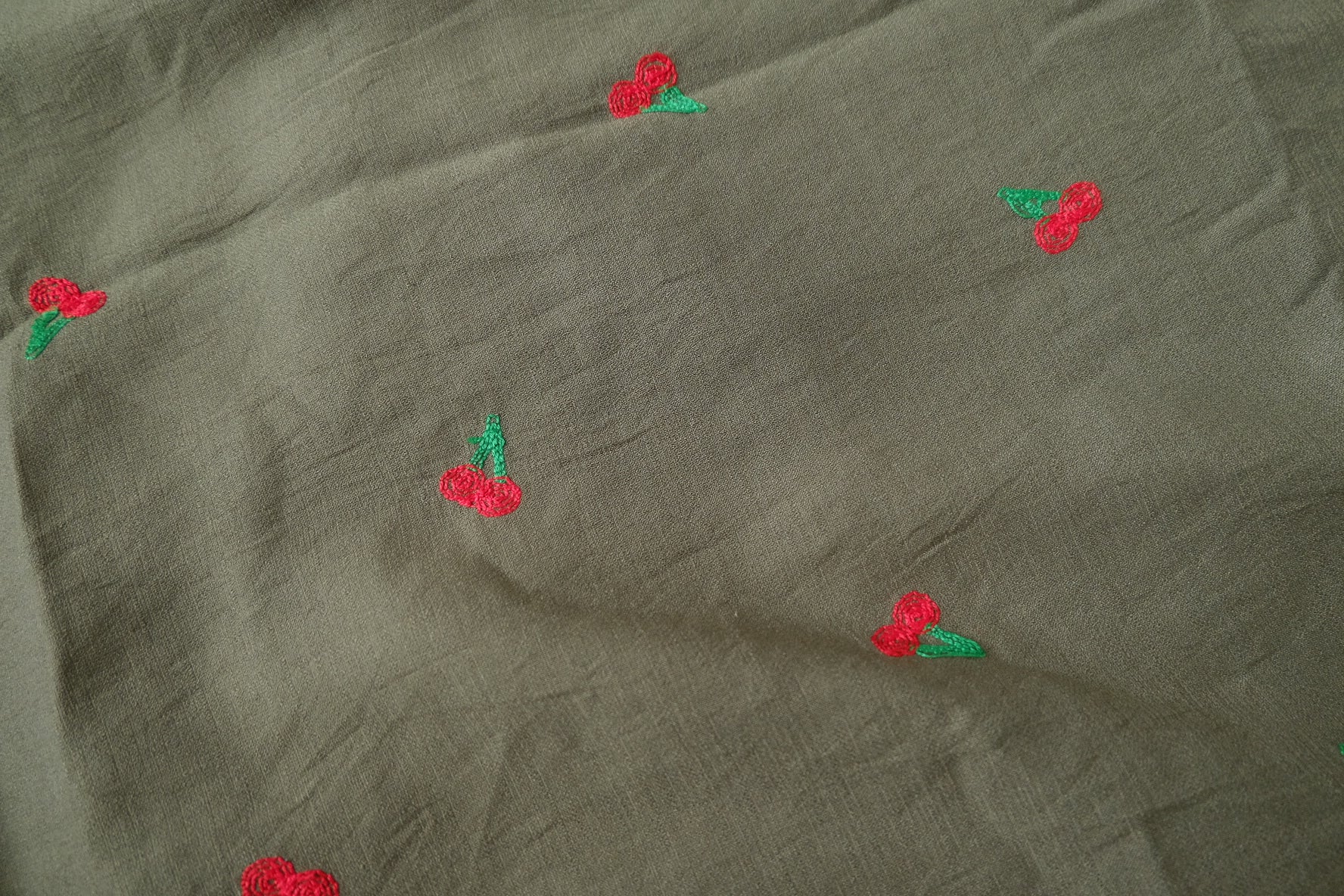 Cherry Embroidered Linen Cupro Blend Fabric, 2.19 Yards