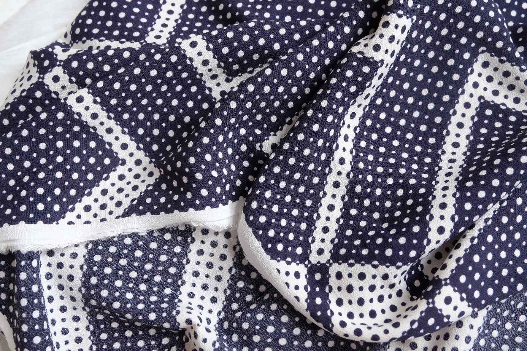 Navy Dot Geometric Dress Fabric, Soft Rayon-Like Hand, 3.28 Yards