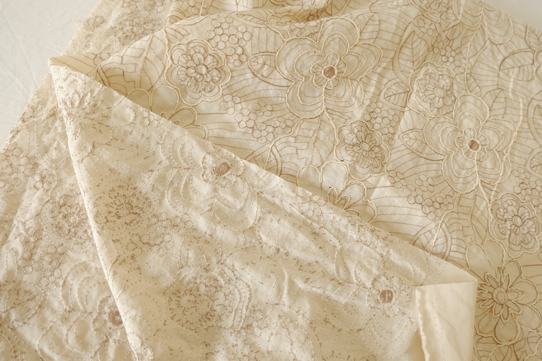 Ivory Dimensional Floral Embroidered Cotton Linen Fabric with Sequins – 1.53 yd Piece