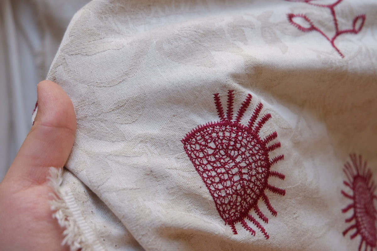 Burgundy Folk Floral Embroidered Jacquard Cotton Linen Fabric – 2.19 yd
