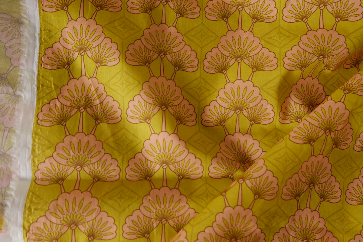 Chartreuse Retro Floral Cotton Lawn — 3.06 yd