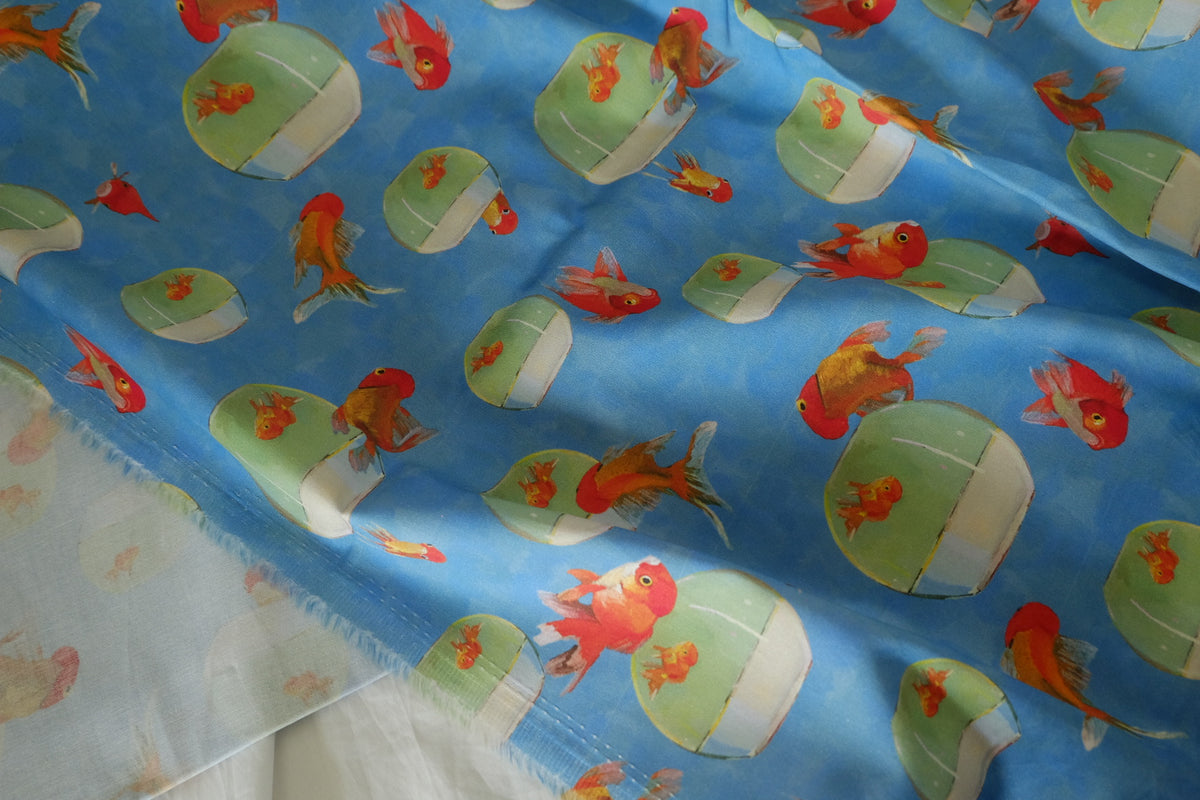 Goldfish Daydream – Playful Cotton Sateen Fabric | 1.6 Yards/2.2 yards