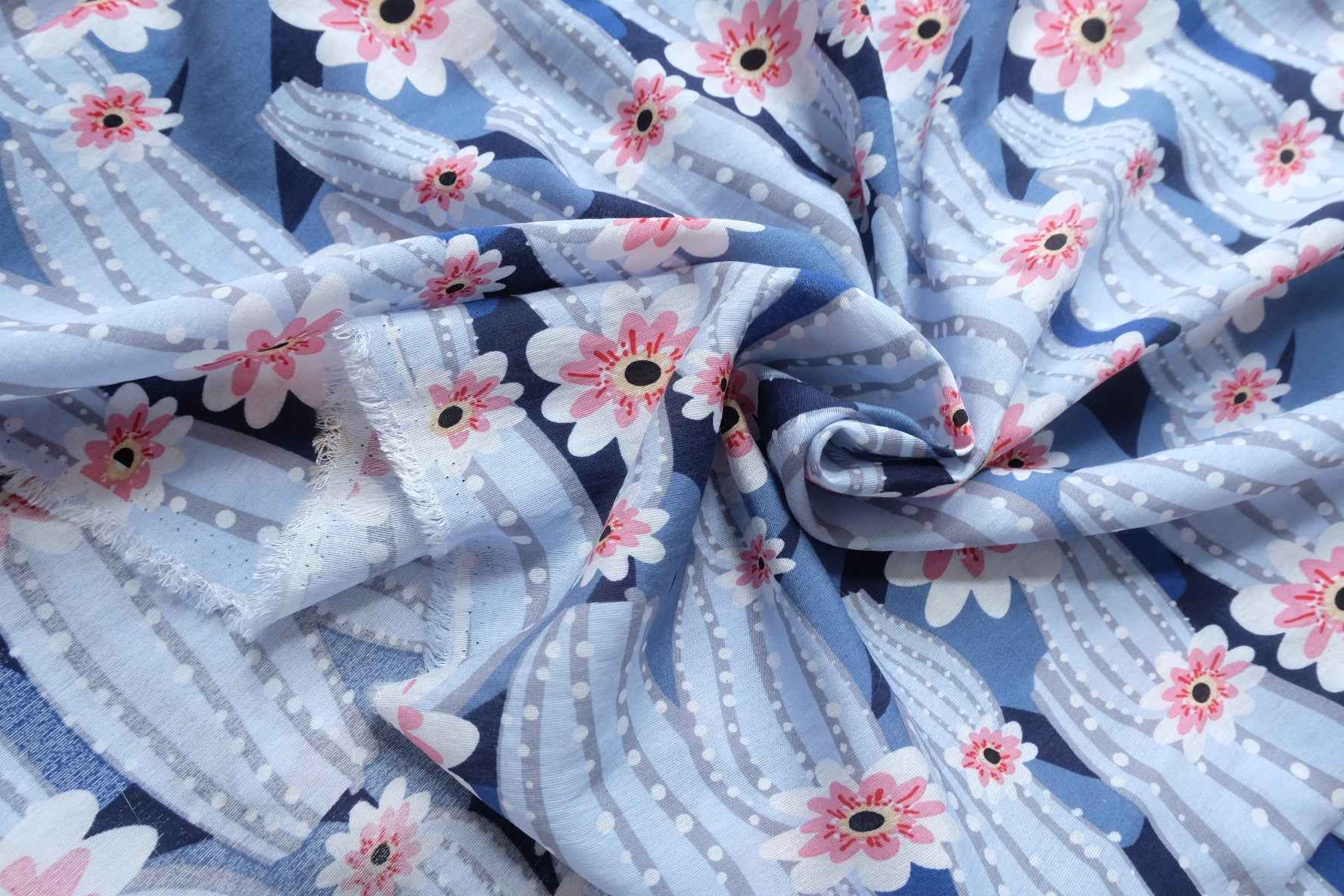 Blue Cactus Floral Cotton Rayon Fabric, Lightweight Summer Dress Weight, 2.19 Yards