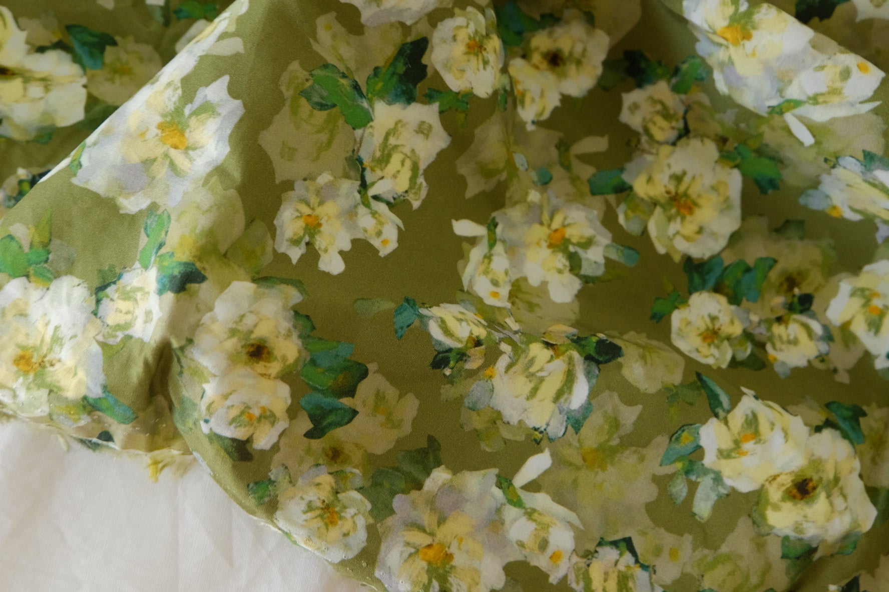 Soft Green Watercolor Floral Cotton Lawn Fabric – Ivory Blossom Print (1.1 yd Cut)