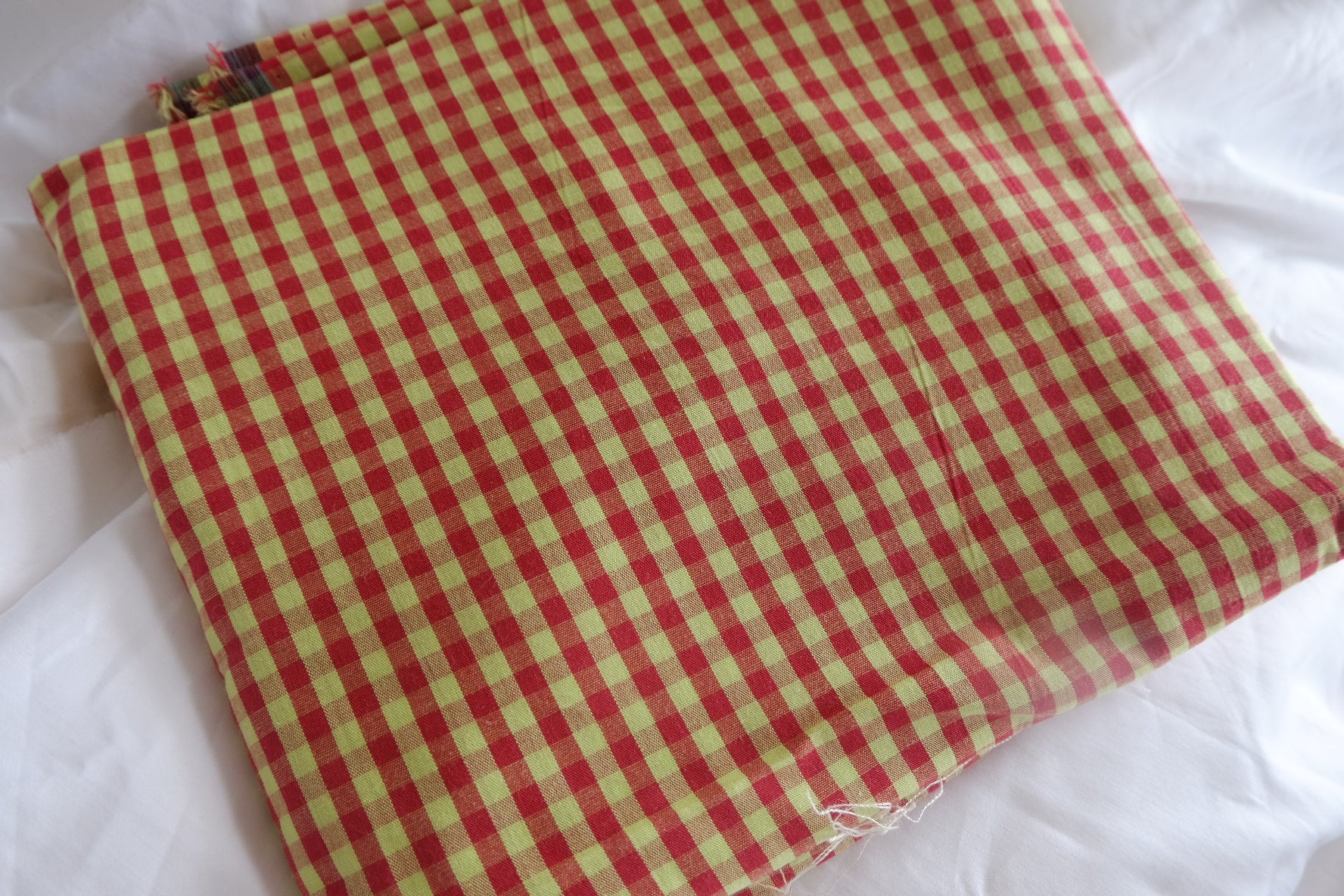Vintage Red & Chartreuse Gingham Cotton Fabric - 3.28 yd