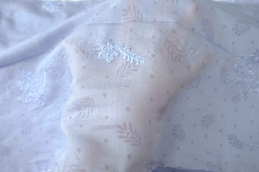 Textured Tencel Fabric with Delicate Embroidery, Soft Blue/Pink, 3.28 Yards
