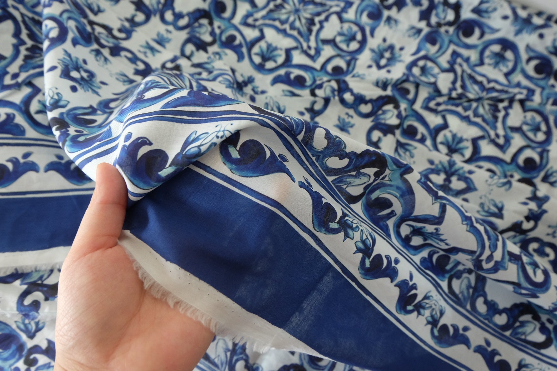 Blue Tile Border Print Cotton Voile Fabric – 3.3 yd