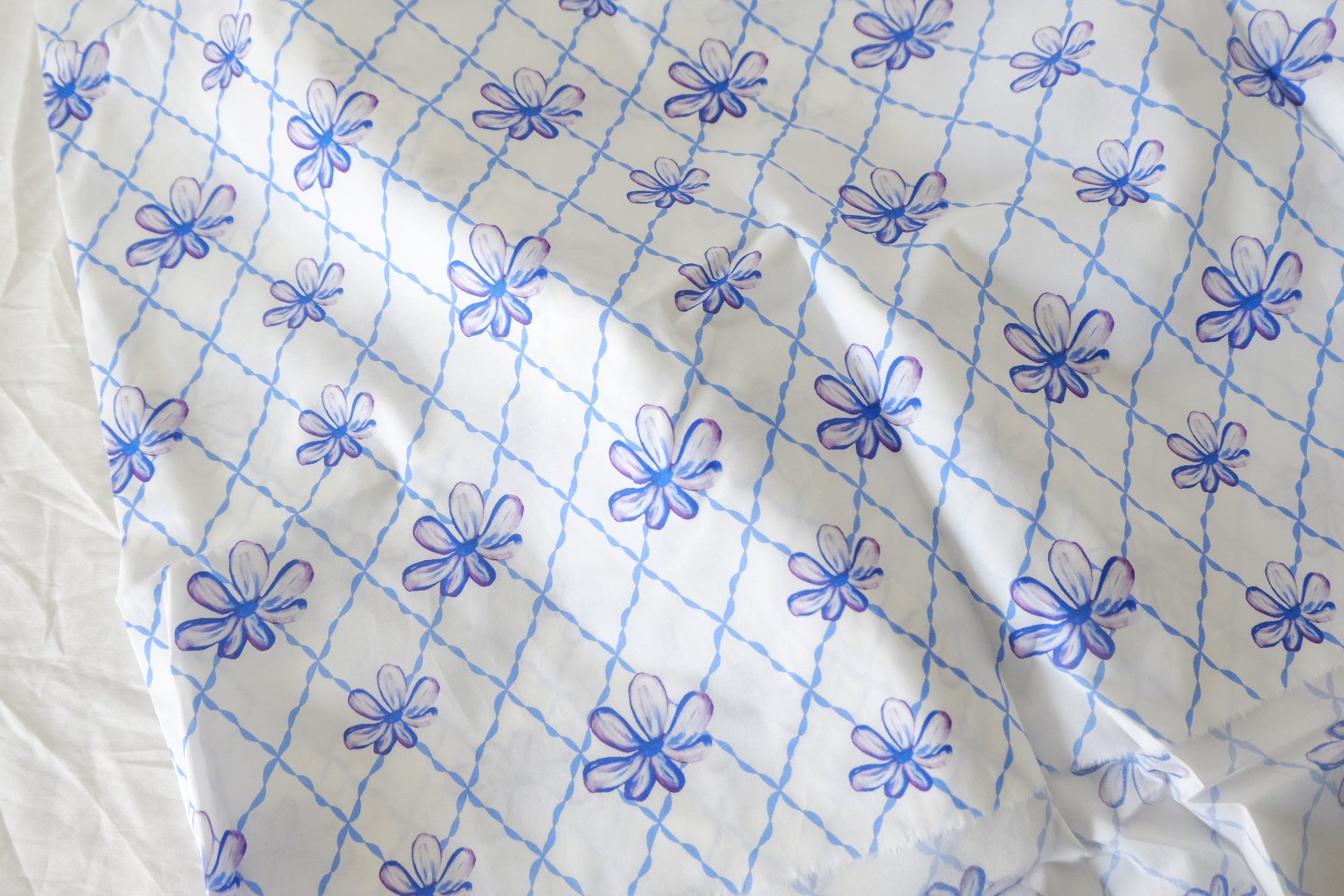 Blue Trellis Bloom Print Cotton Lawn Fabric – 2.52 yd Piece