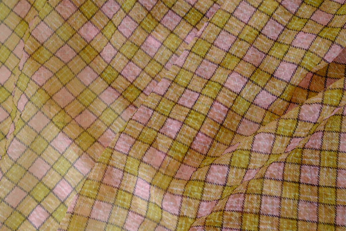 Retro Pink & Mustard Checked Crinkle Chiffon – 2.19 yd