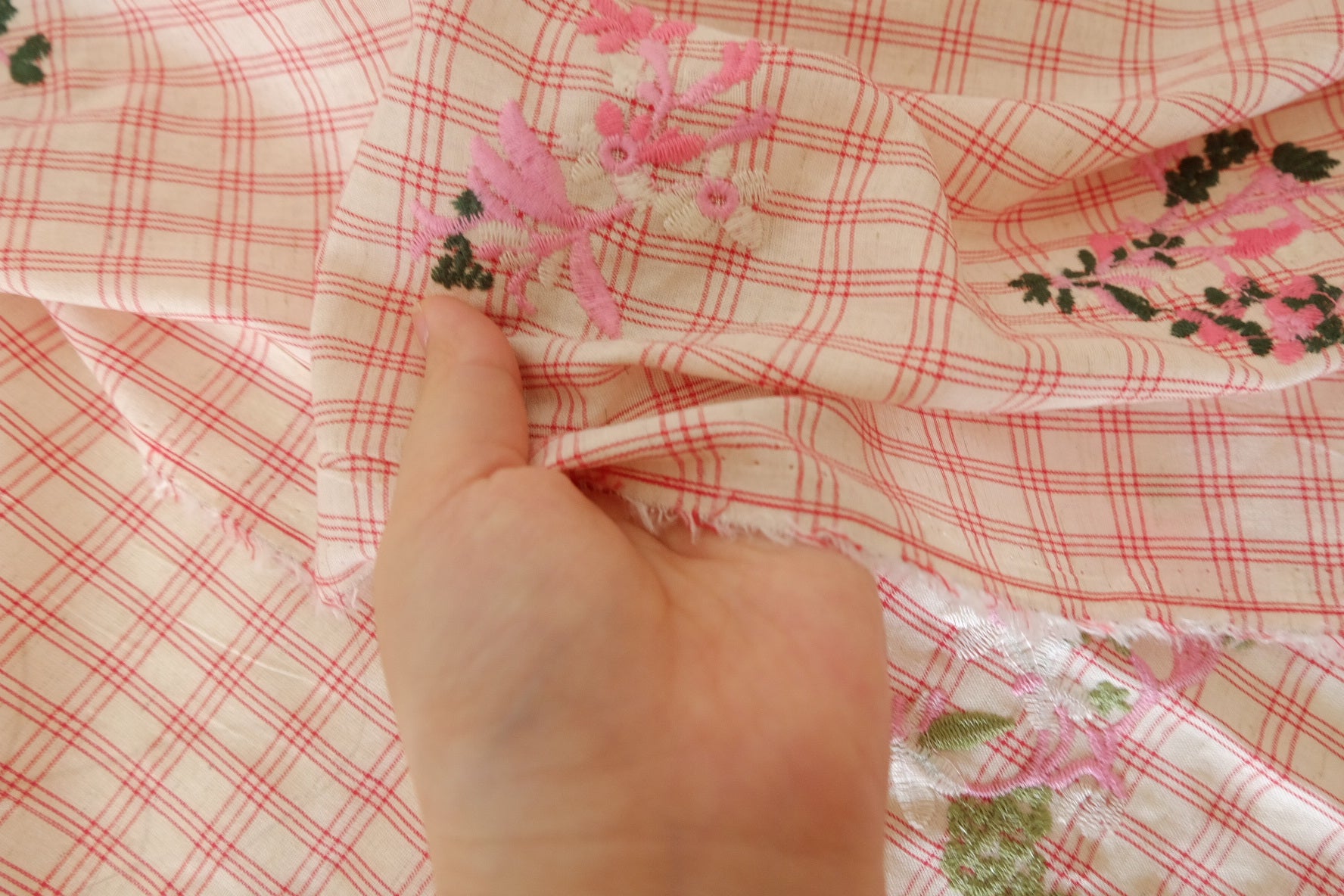 Embroidered Linen Cotton Blend Check Fabric – Pink Floral Detail – 1.3 yd