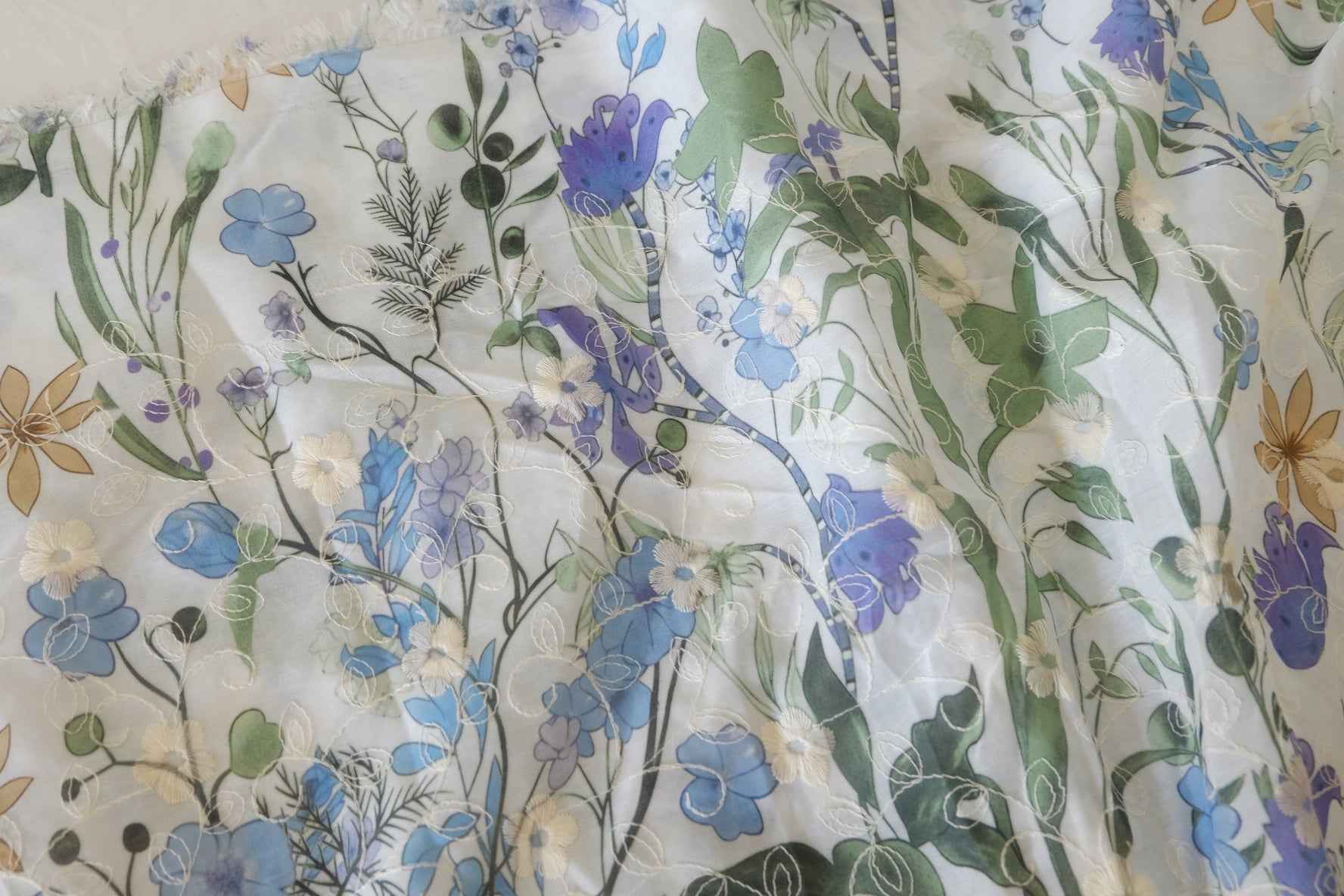 Blue Floral Embroidered Cotton Blend Fabric – 2.7 yd