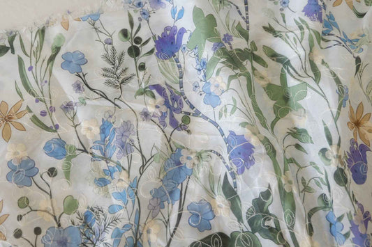 Blue Floral Embroidered Cotton Blend Fabric – 2.7 yd