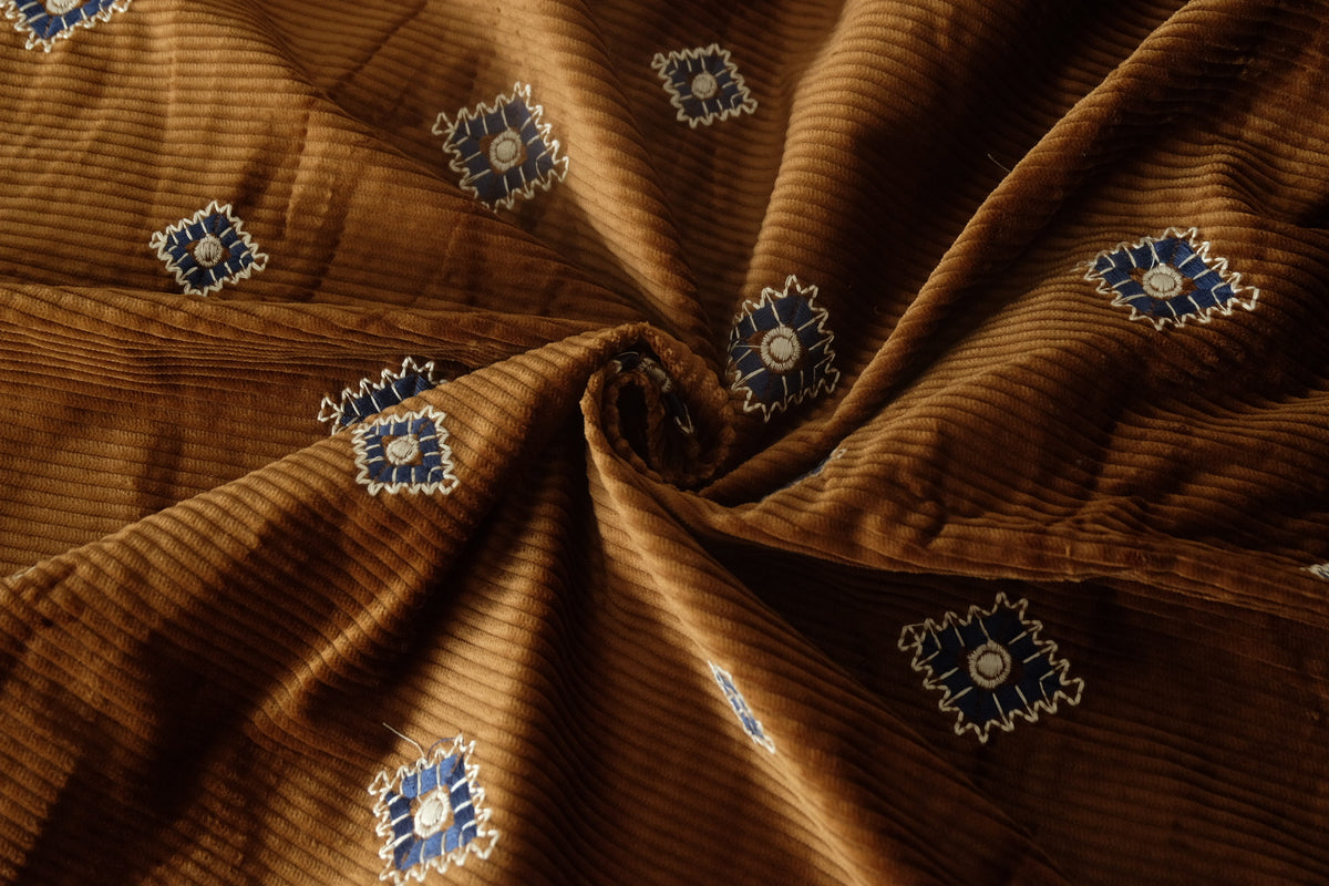 Embroidered Caramel Cotton Corduroy – 1.1 yd