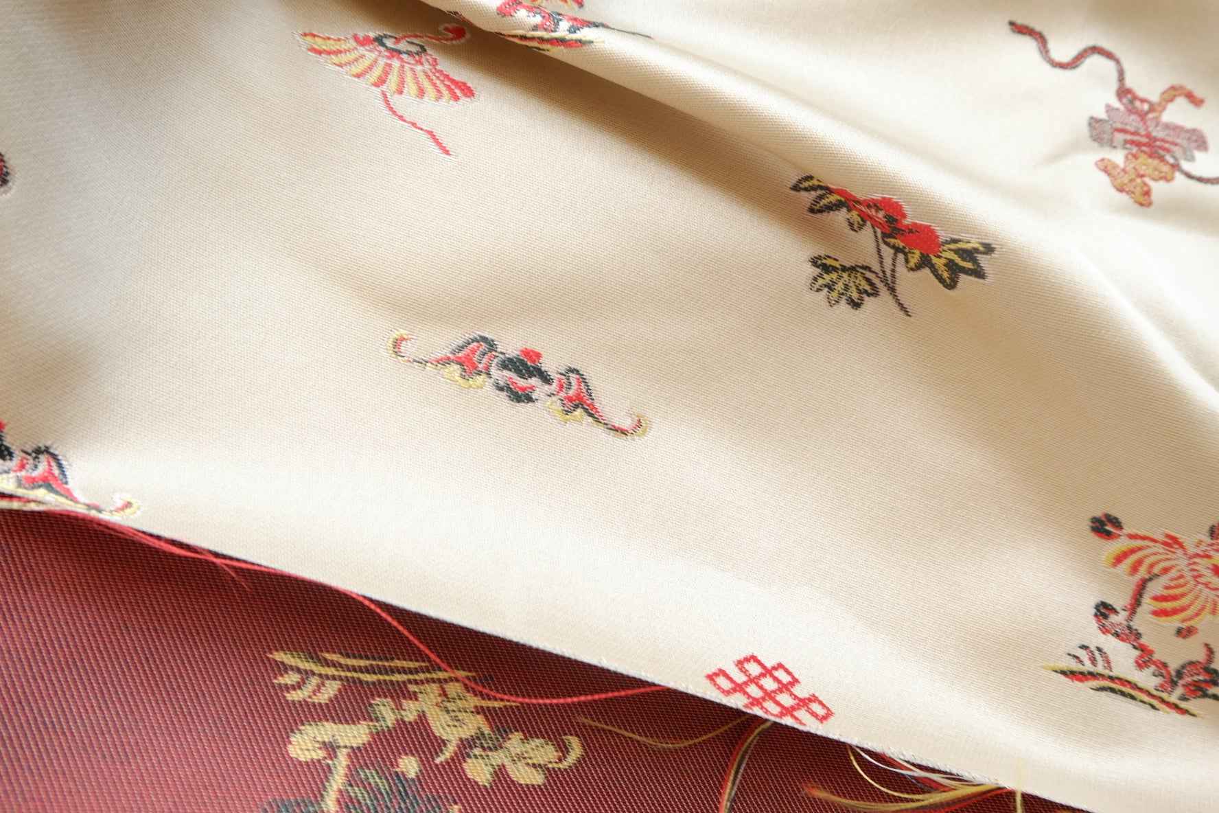 Chinese Motif Brocade Fabric, Ivory Jacquard Satin for Jackets and Vests, 2.19 Yards
